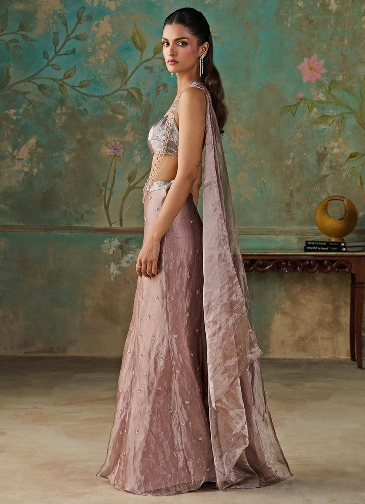Dusty Lavender Silk Tissue Pre-Draped Saree