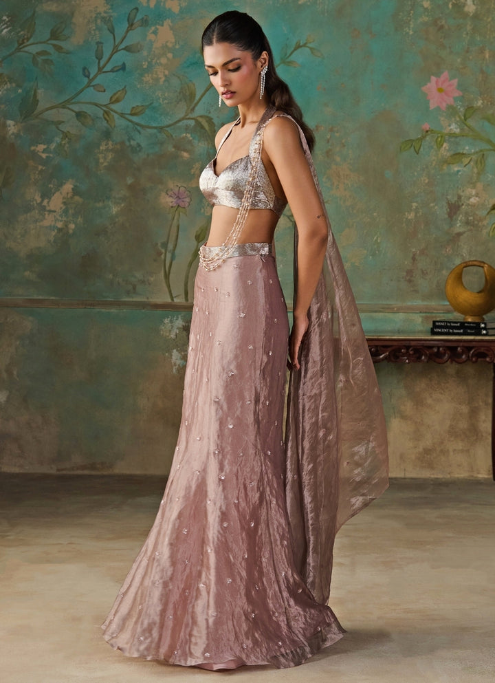 Dusty Lavender Silk Tissue Pre-Draped Saree