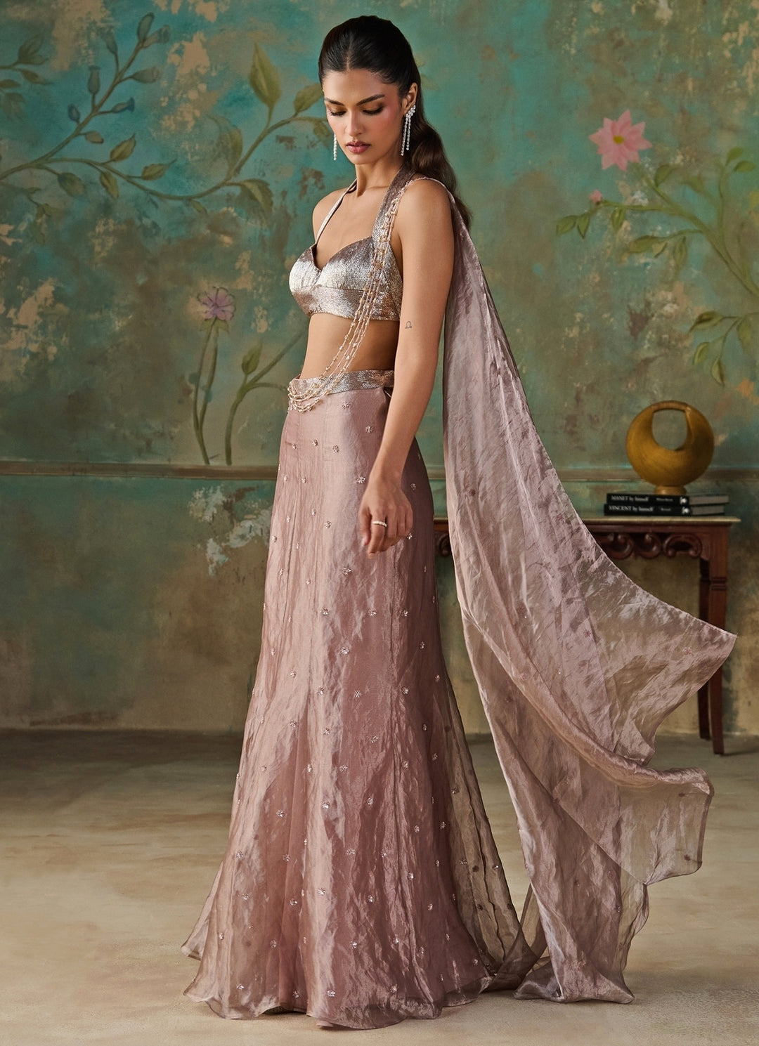 Dusty Lavender Silk Tissue Pre-Draped Saree