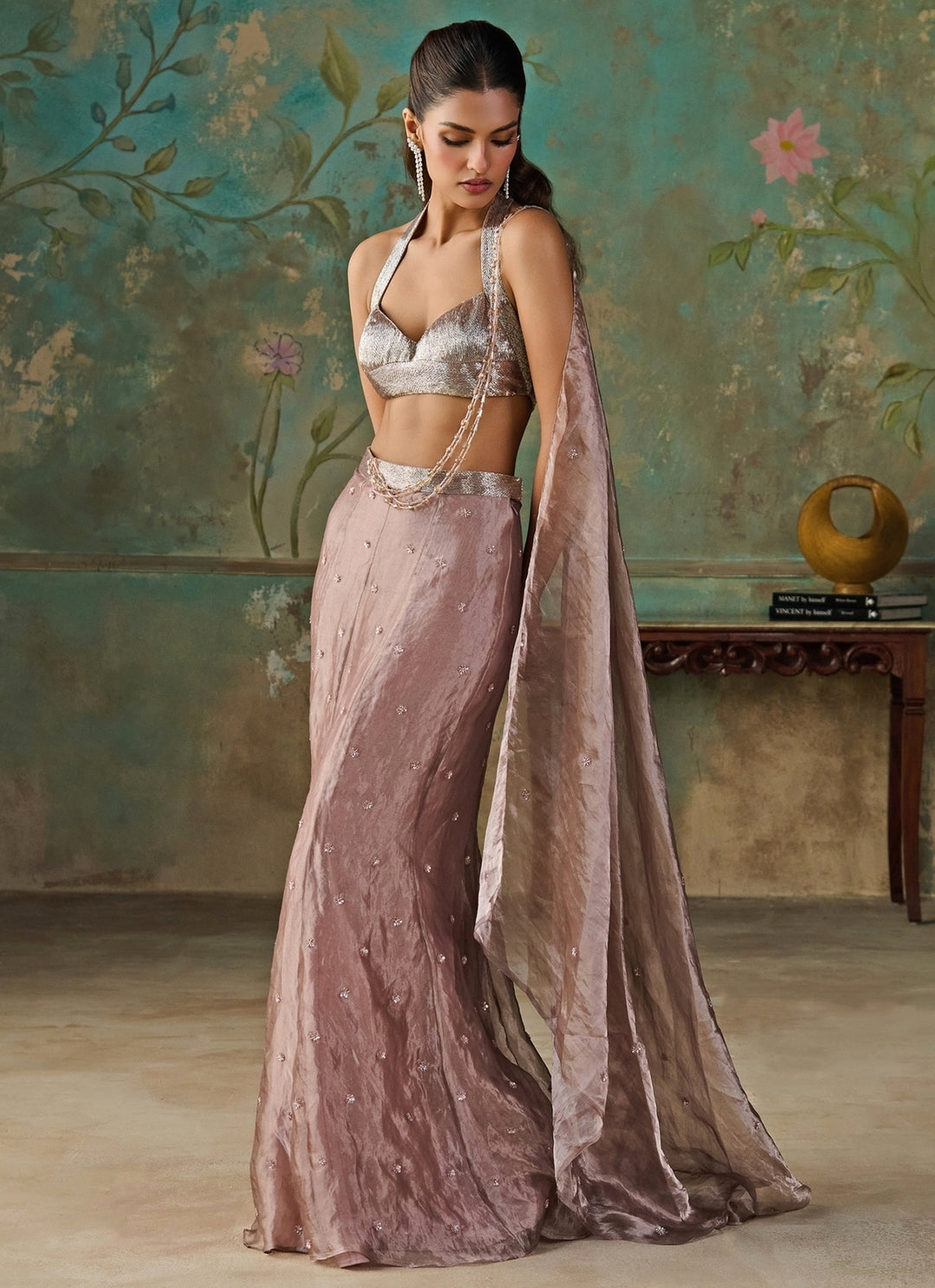 Dusty Lavender Silk Tissue Pre-Draped Saree