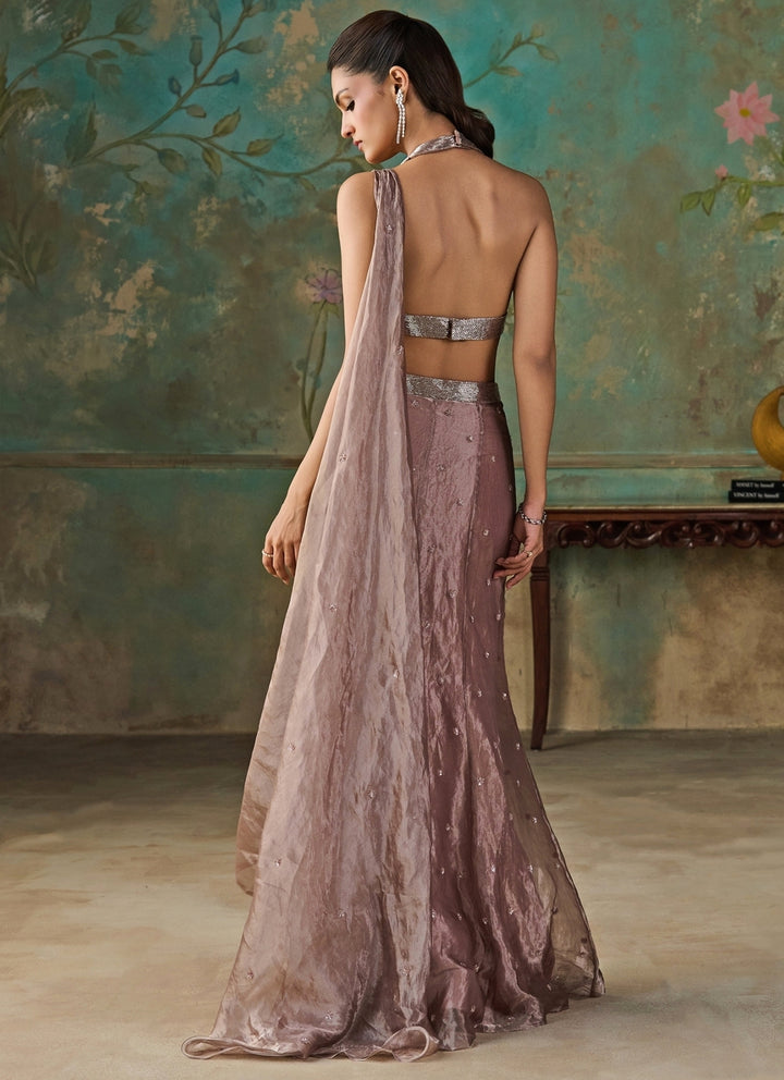 Dusty Lavender Silk Tissue Pre-Draped Saree
