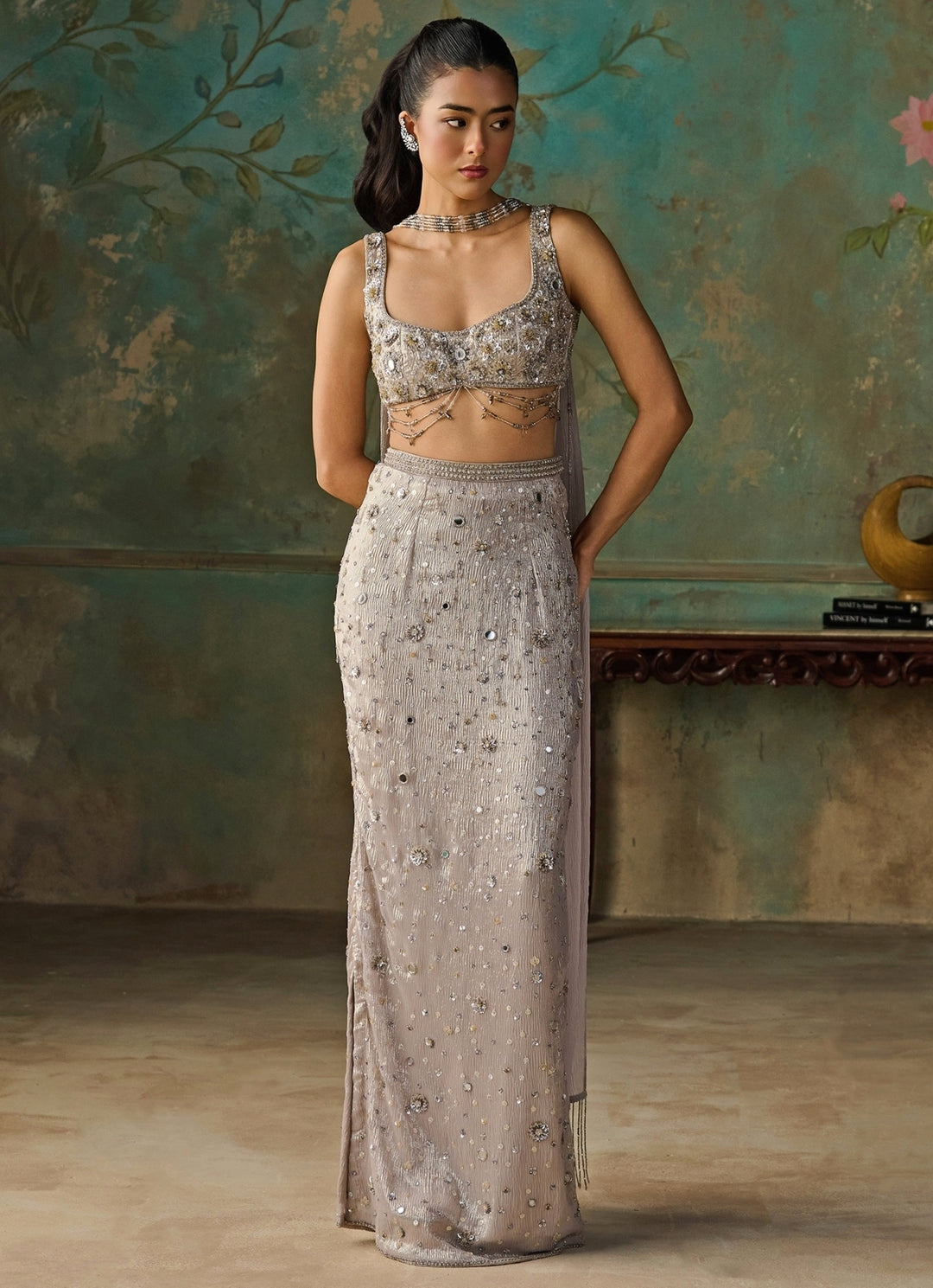 Silver Foil Georgette Slit Pencil Skirt Set