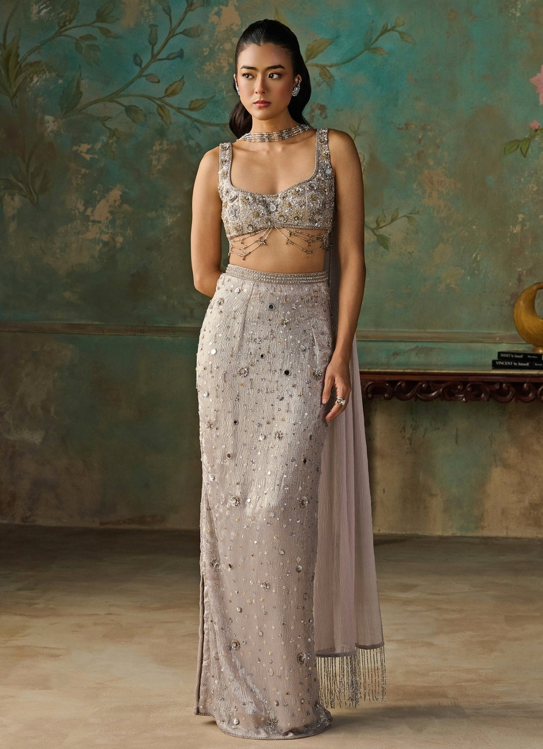 Silver Foil Georgette Slit Pencil Skirt Set