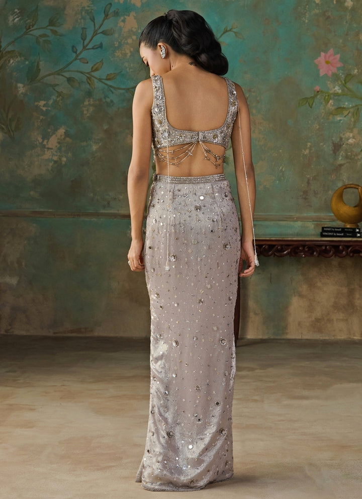 Silver Foil Georgette Slit Pencil Skirt Set