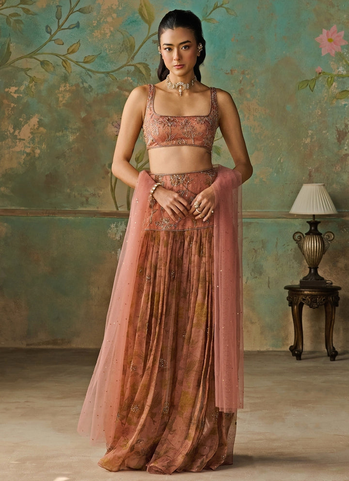 Rust Peach Printed Organza Pleated Skirt Set