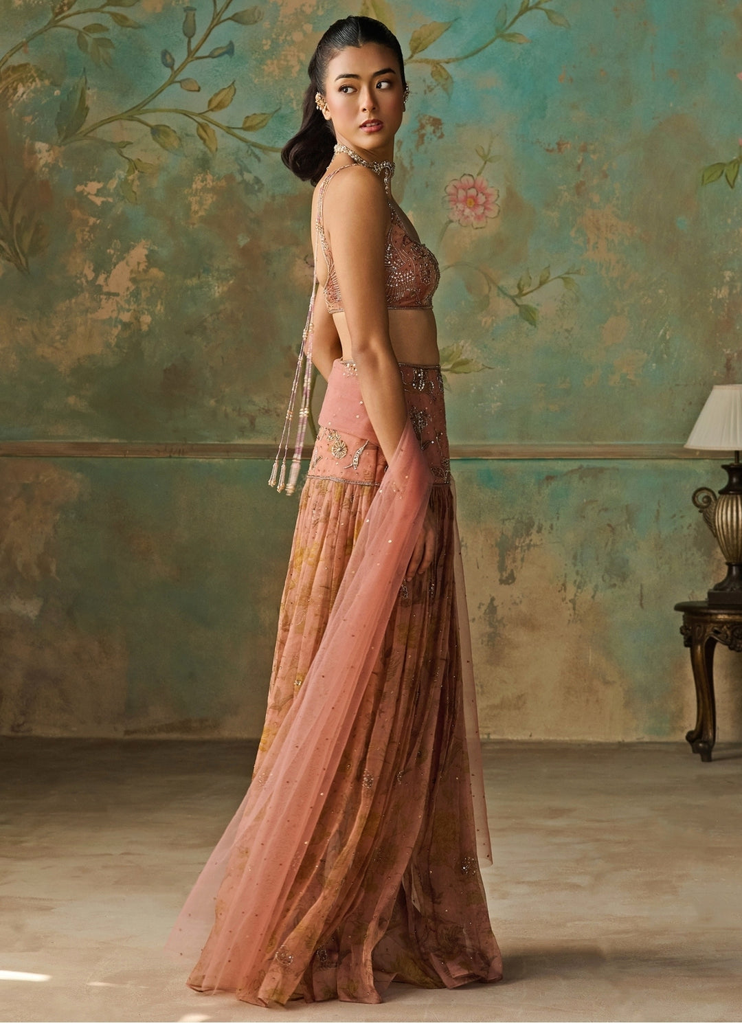 Rust Peach Printed Organza Pleated Skirt Set
