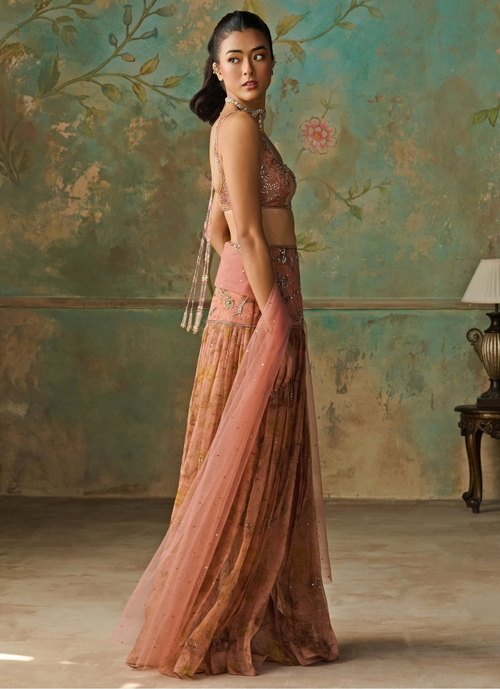 Rust Peach Printed Organza Pleated Skirt Set