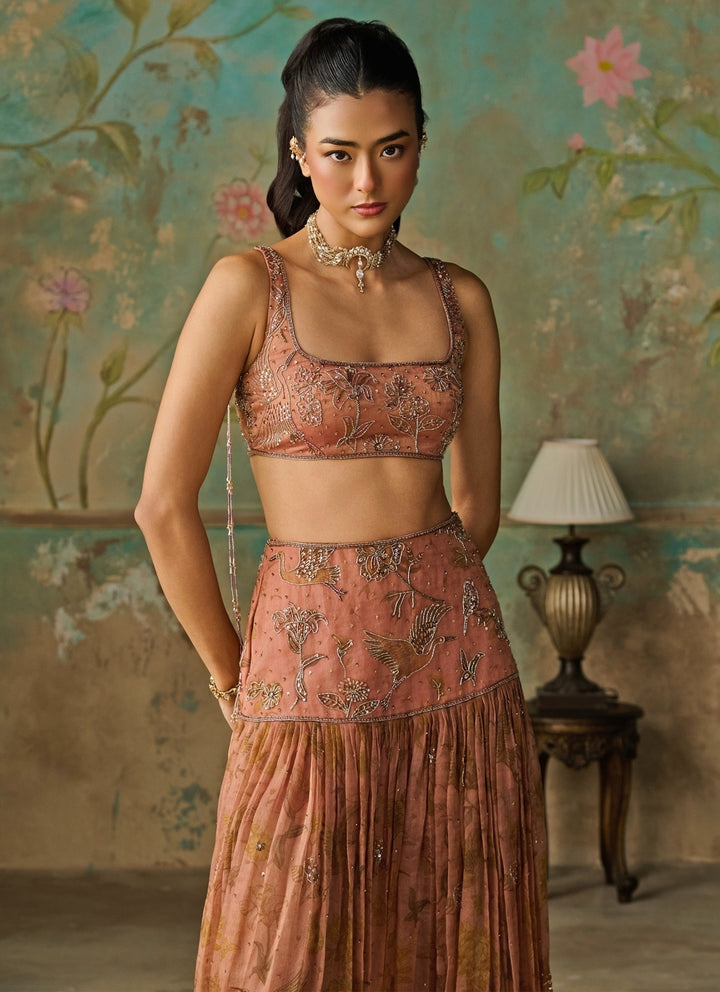 Rust Peach Printed Organza Pleated Skirt Set