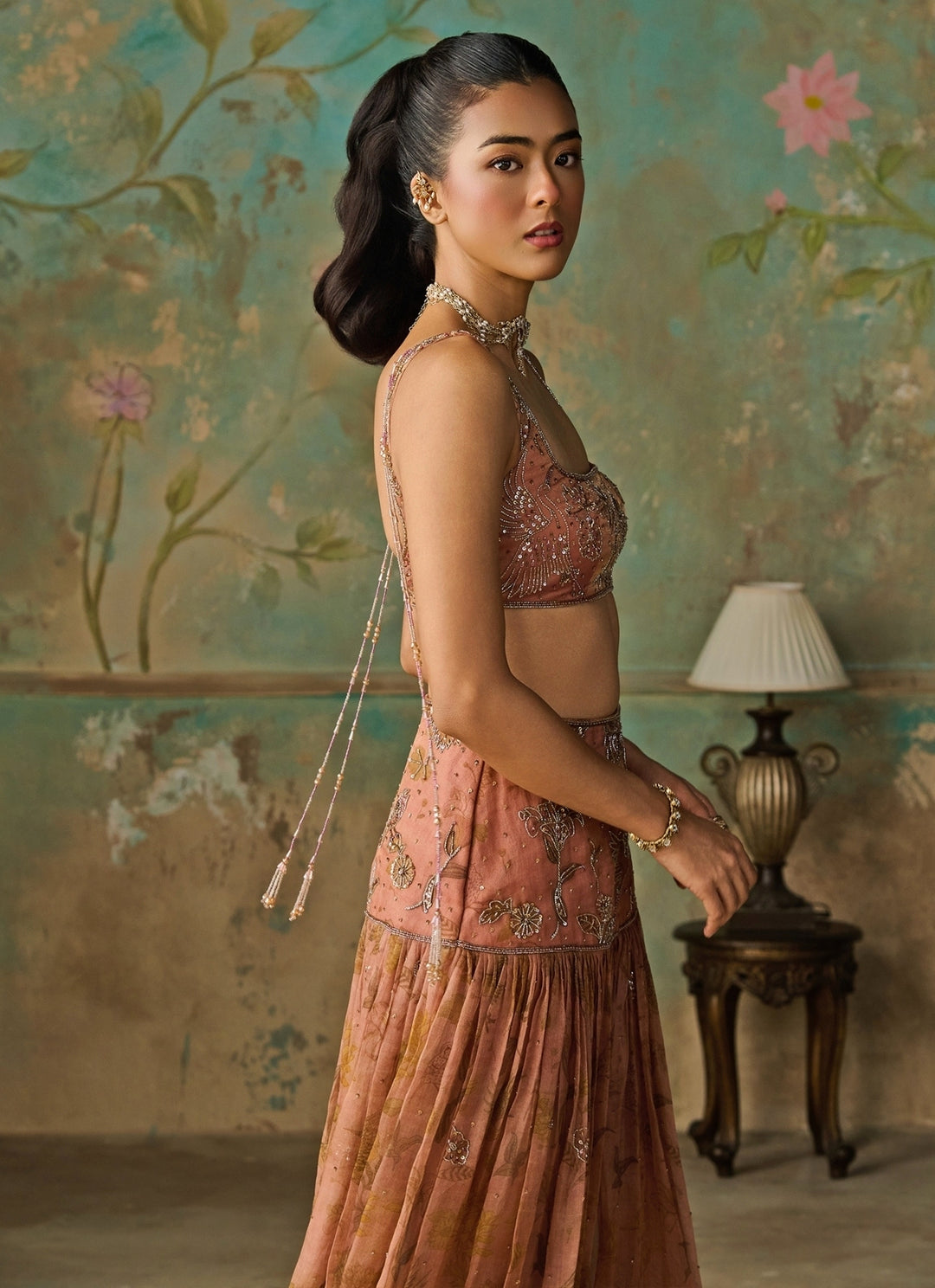 Rust Peach Printed Organza Pleated Skirt Set