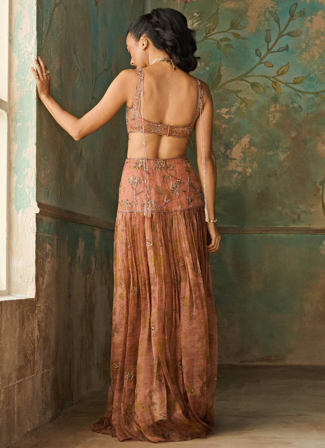 Rust Peach Printed Organza Pleated Skirt Set