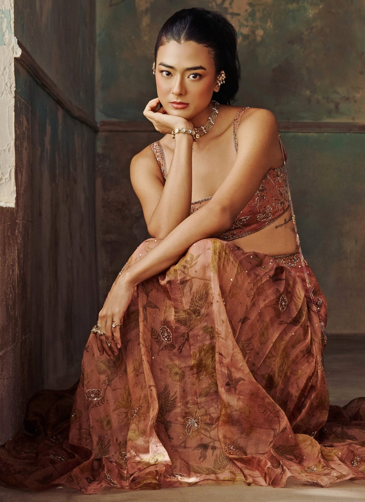 Rust Peach Printed Organza Pleated Skirt Set