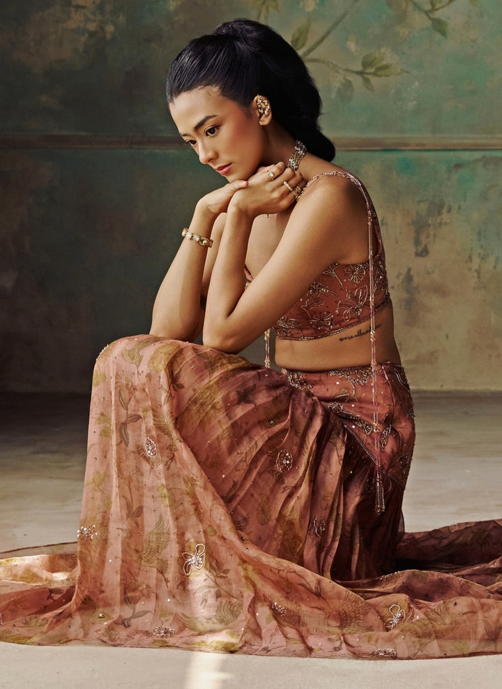 Rust Peach Printed Organza Pleated Skirt Set