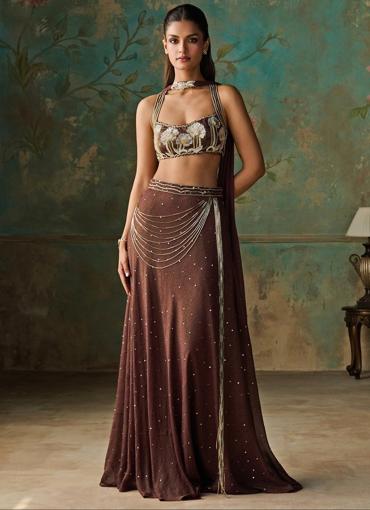 Wine Foil Georgette Skirt Set