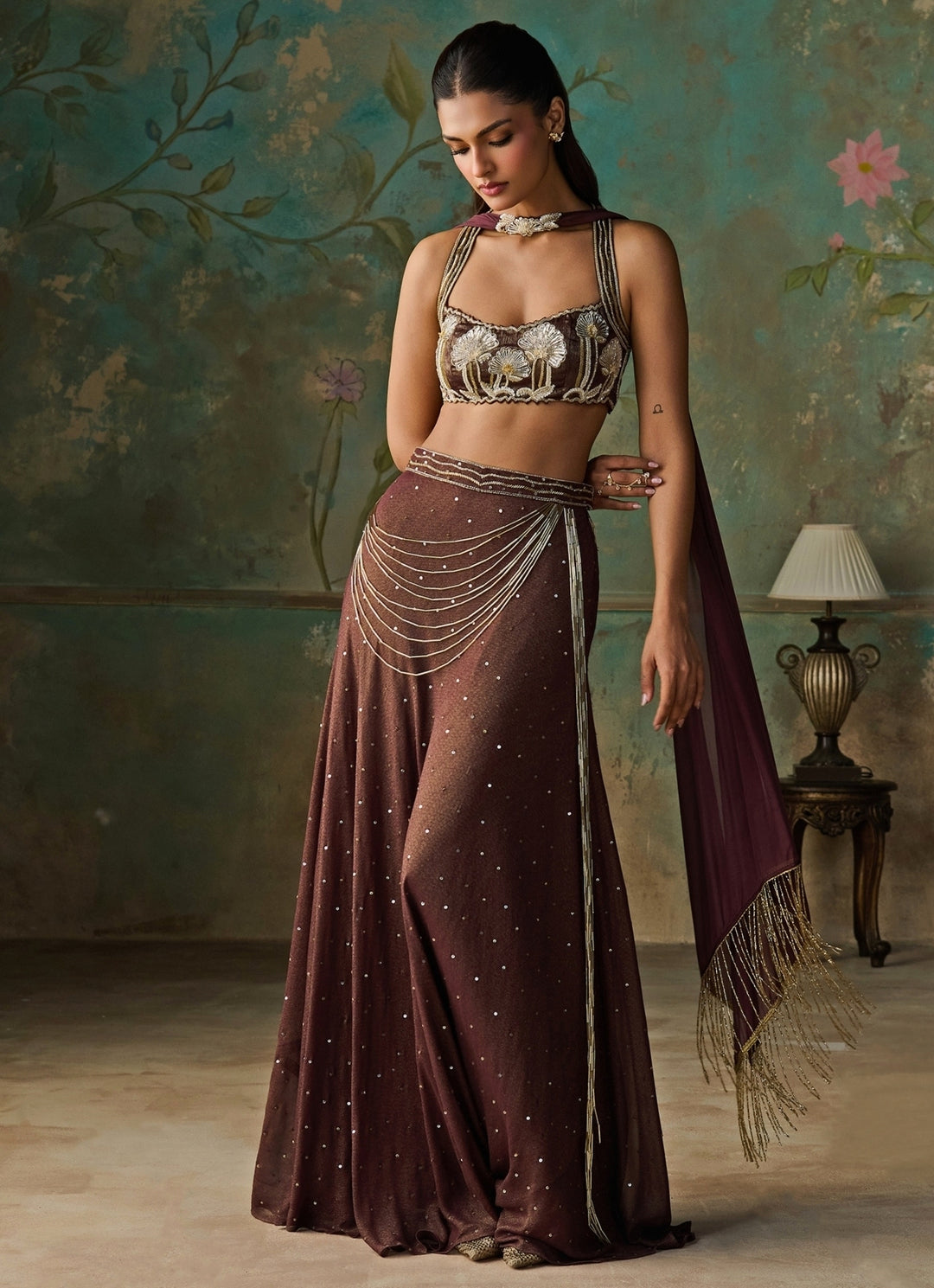 Wine Foil Georgette Skirt Set