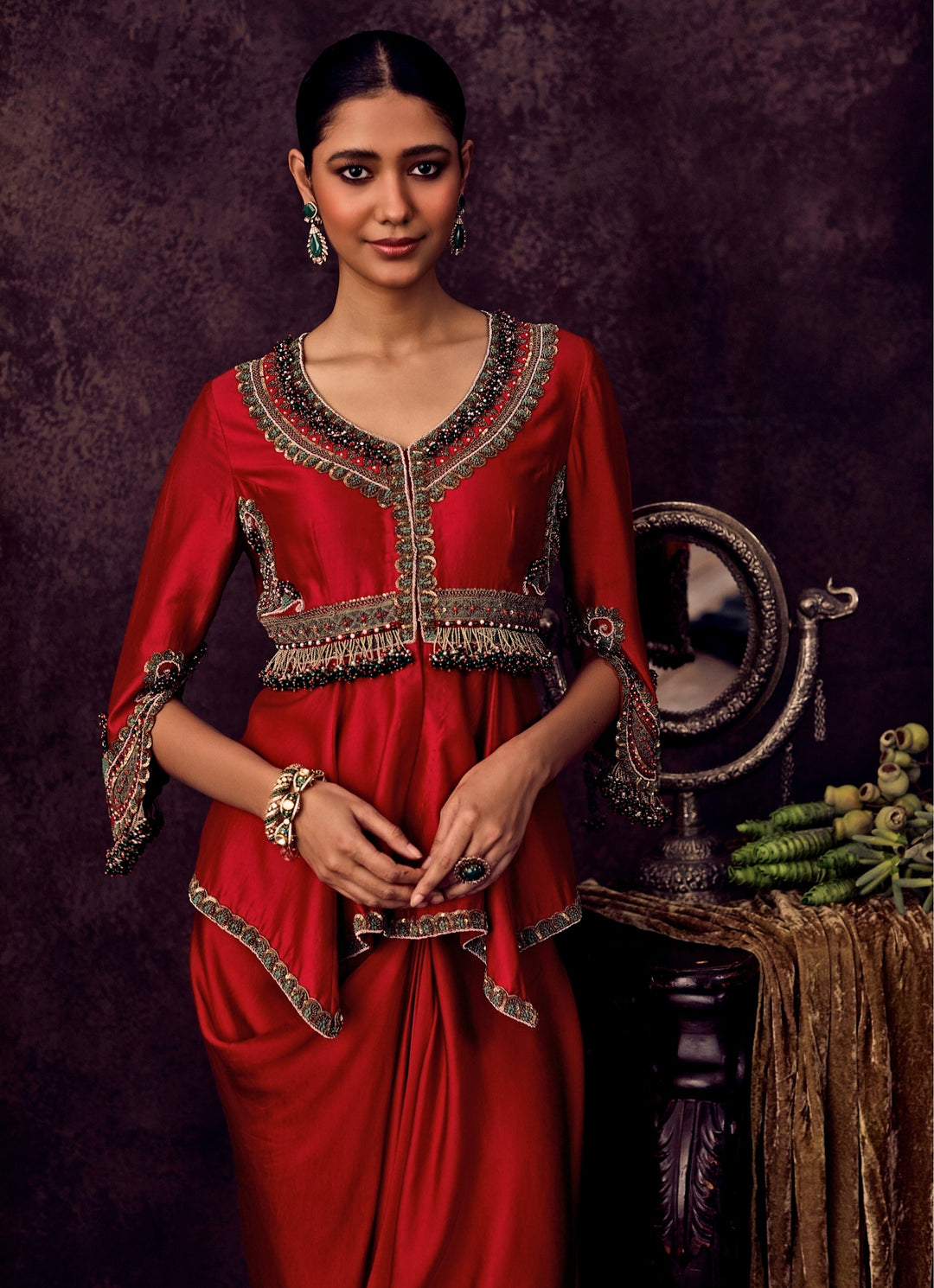 Red Satin Drape Skirt With Peplum Top