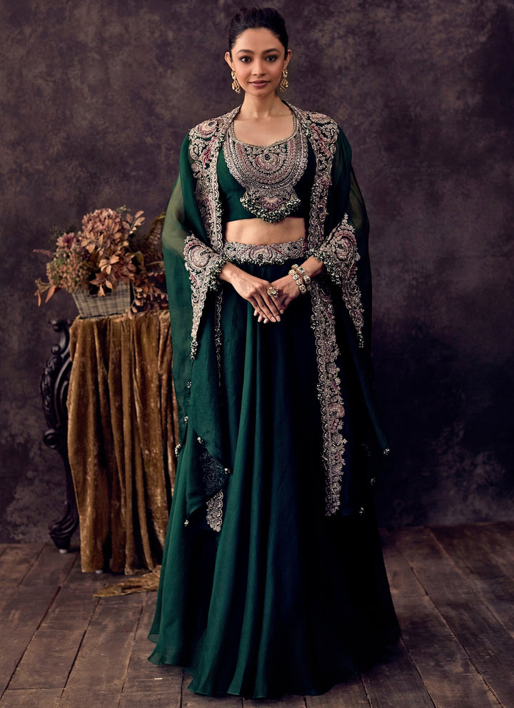 Emerald Green Organza Lehenga Set With Cape