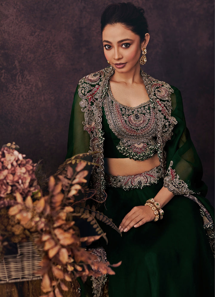 Emerald Green Organza Lehenga Set With Cape