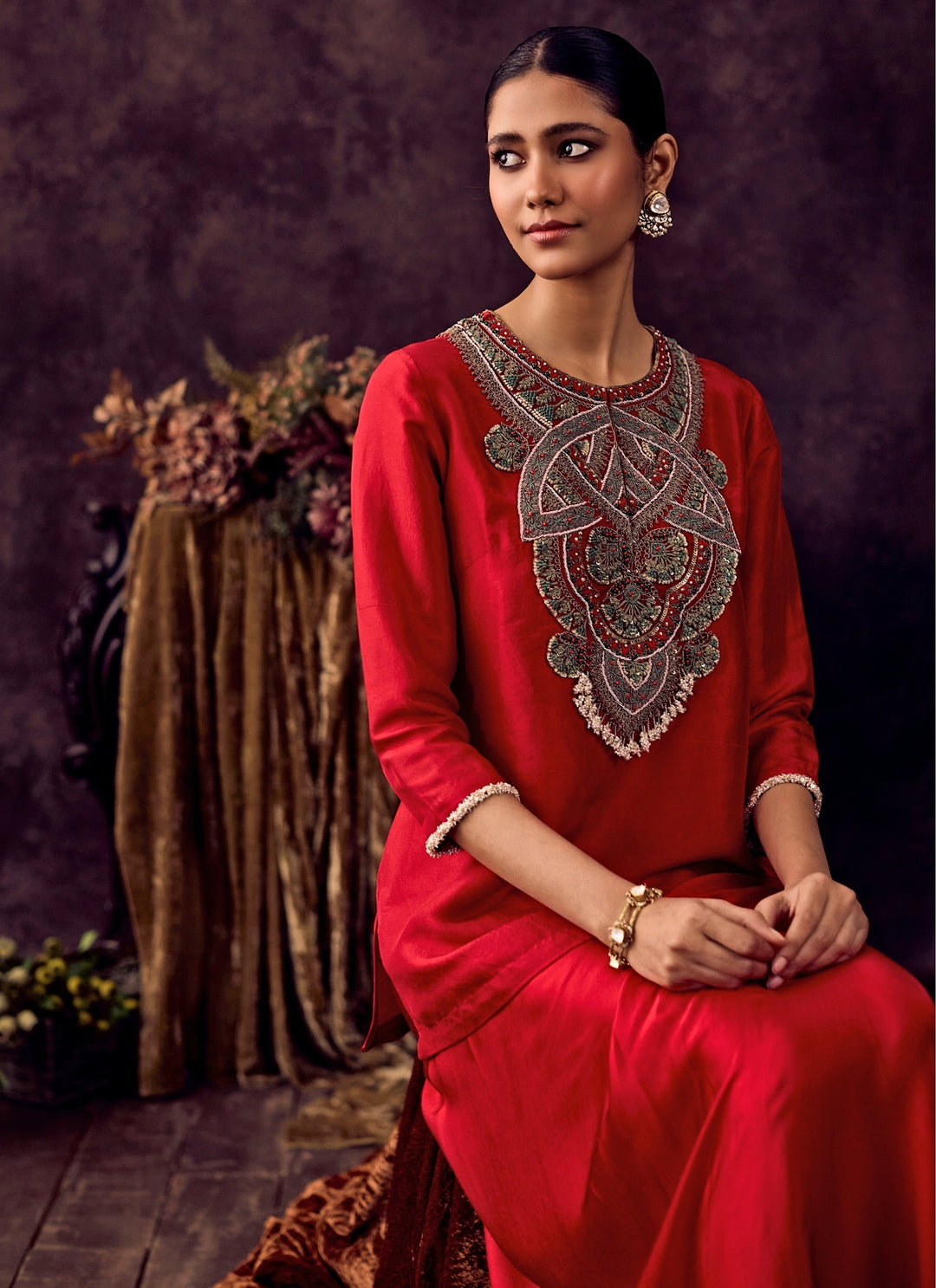 Red Silk Kurta With Drape Skirt Set