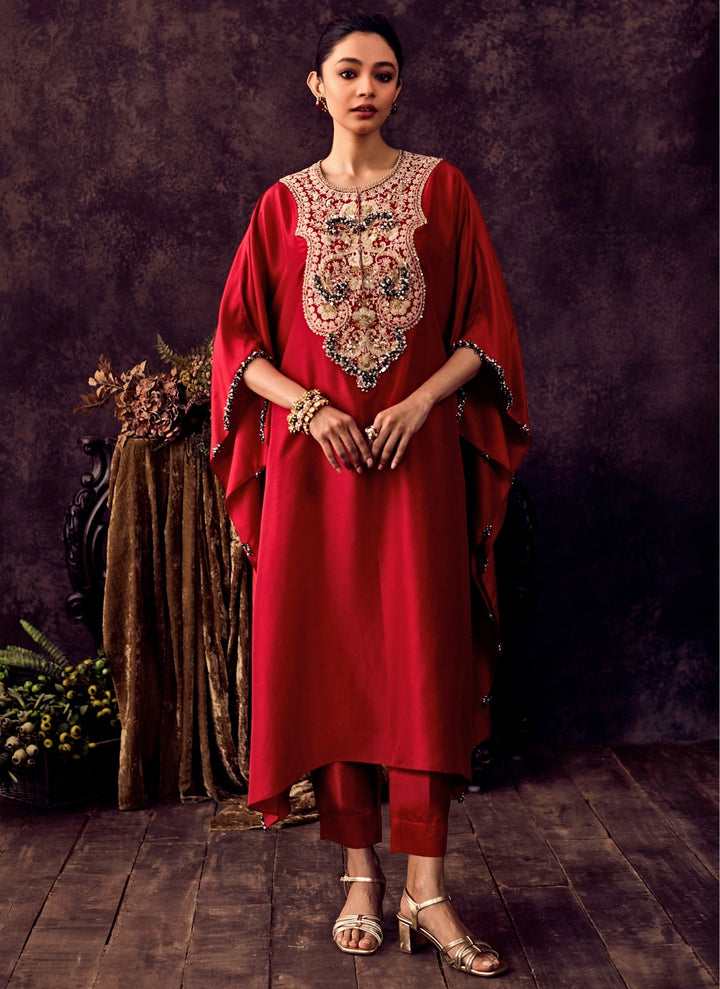 Red Silk Kaftan With Dhoti Pants