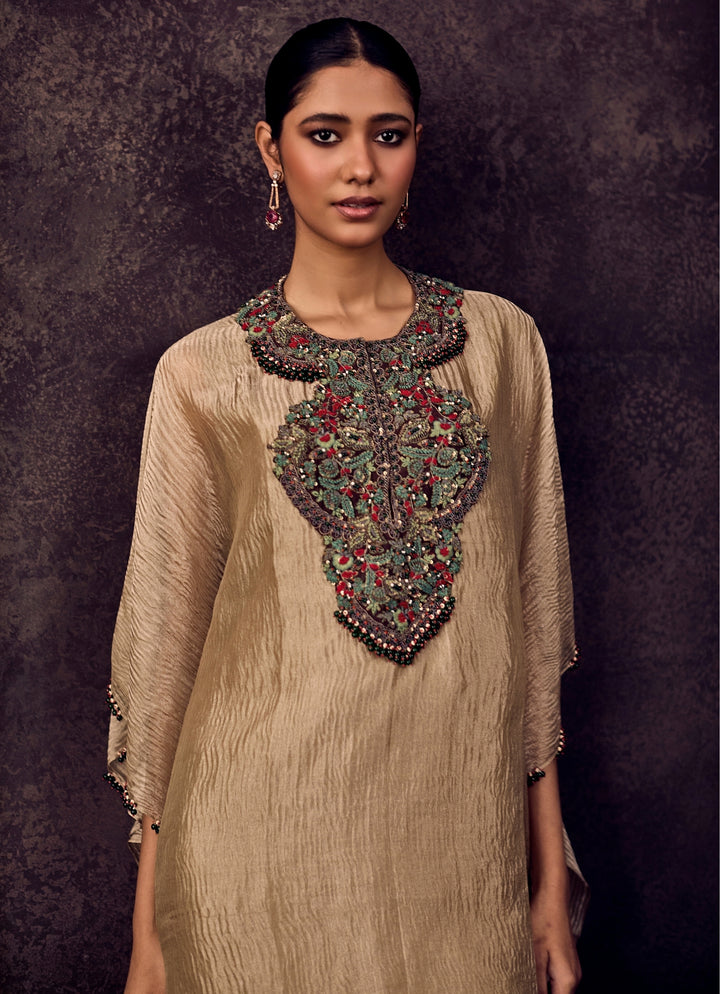 Beige Crushed Tissue Kaftan Pants Set