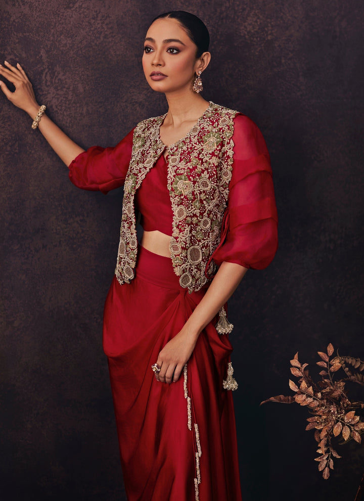 Red Satin Drape Skirt Set With Jacket