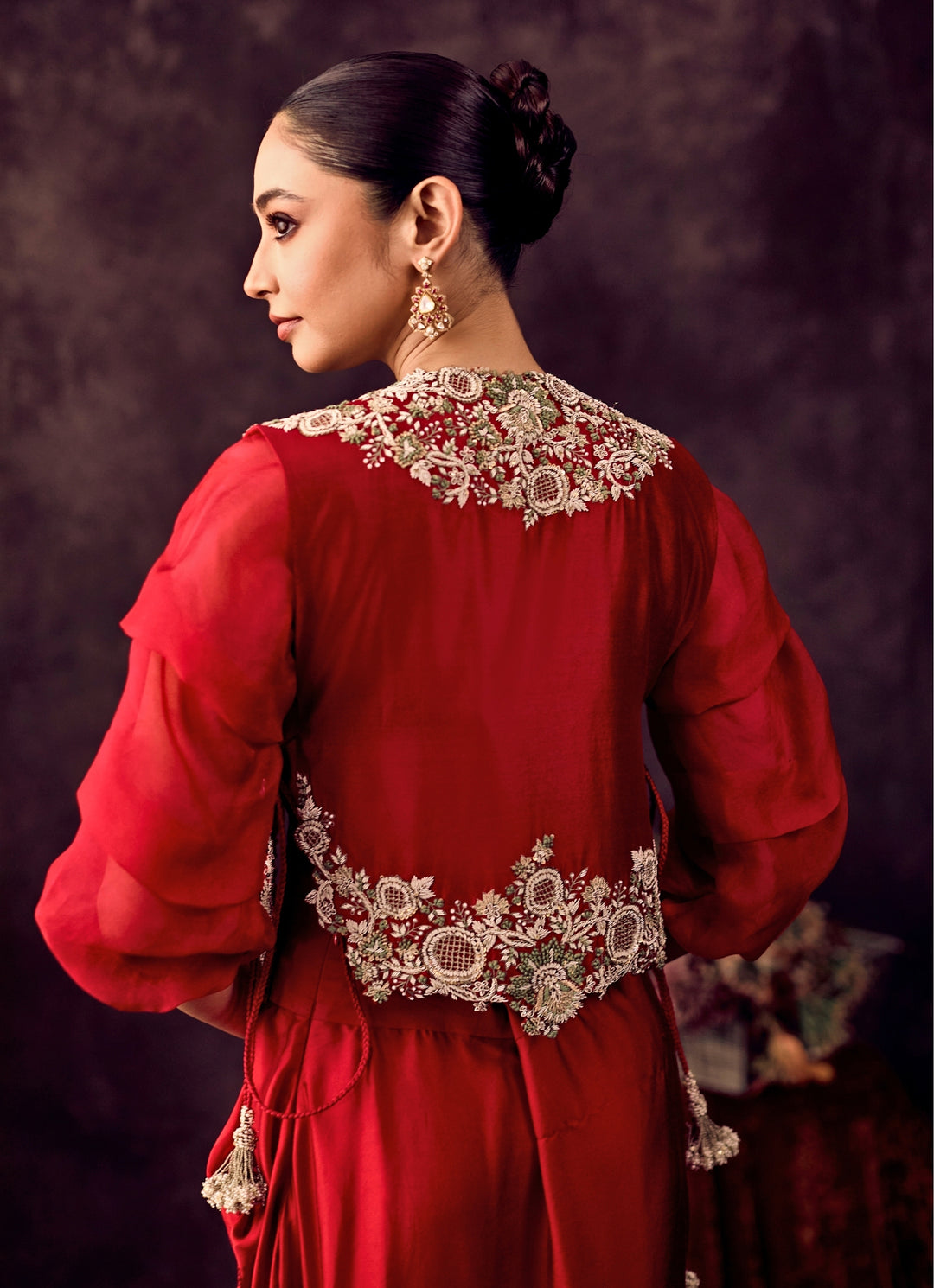 Red Satin Drape Skirt Set With Jacket