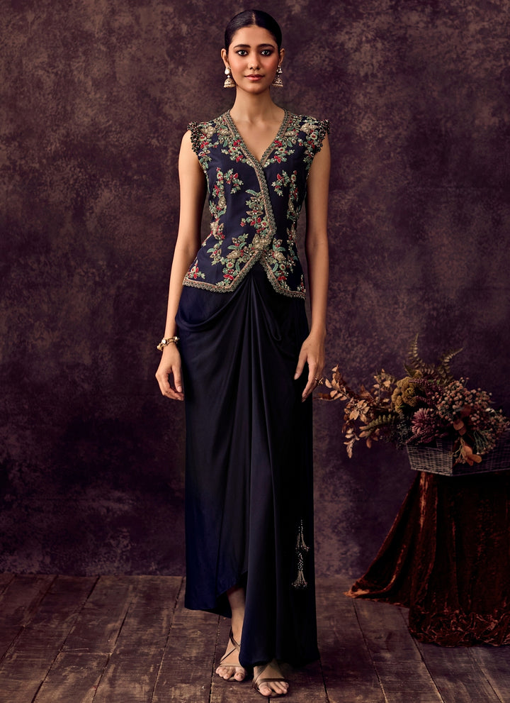 Midnight Blue Satin Drape Skirt With Jacket Set