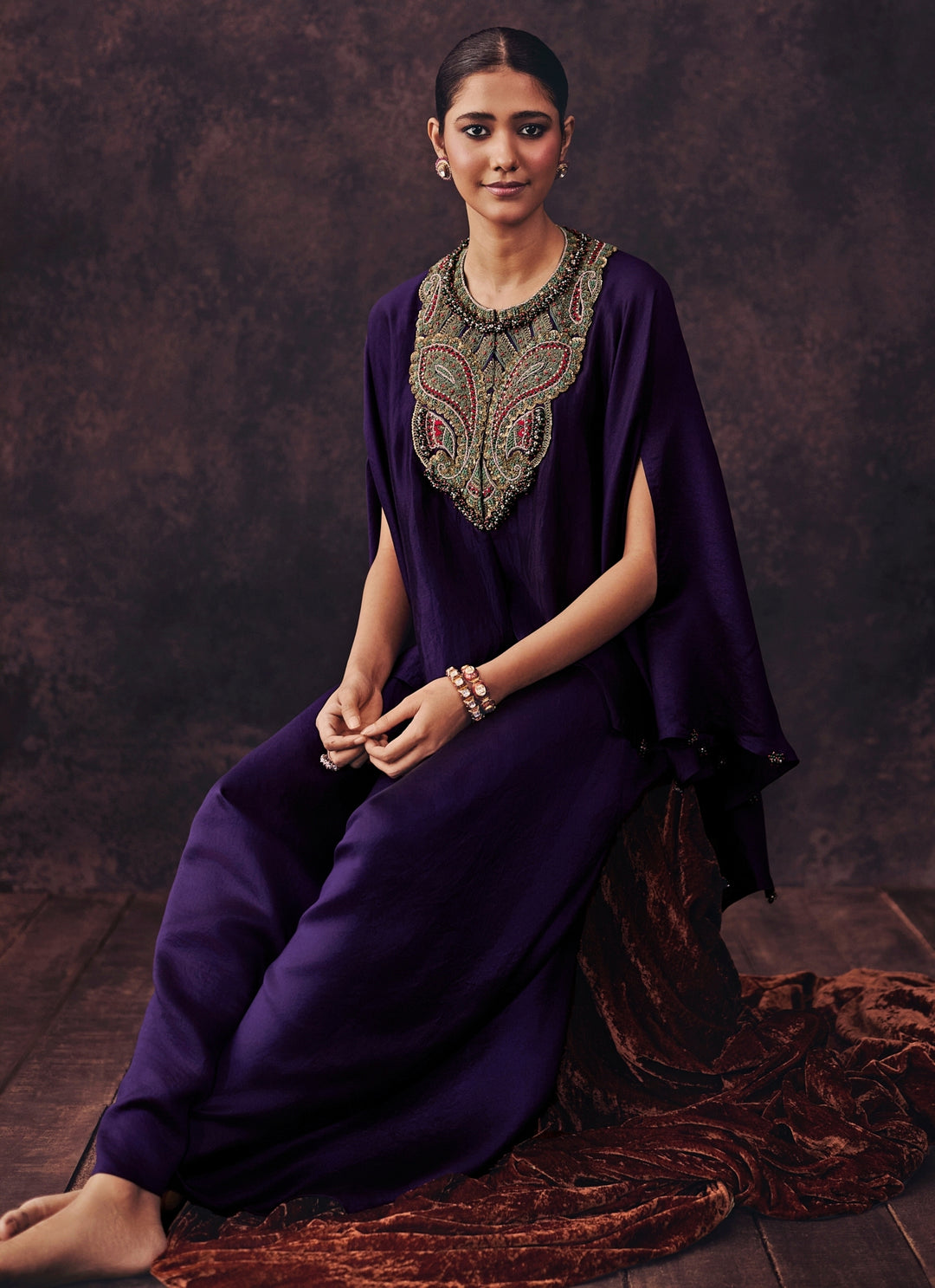 Purple Chanderi Kaftan Pants Set