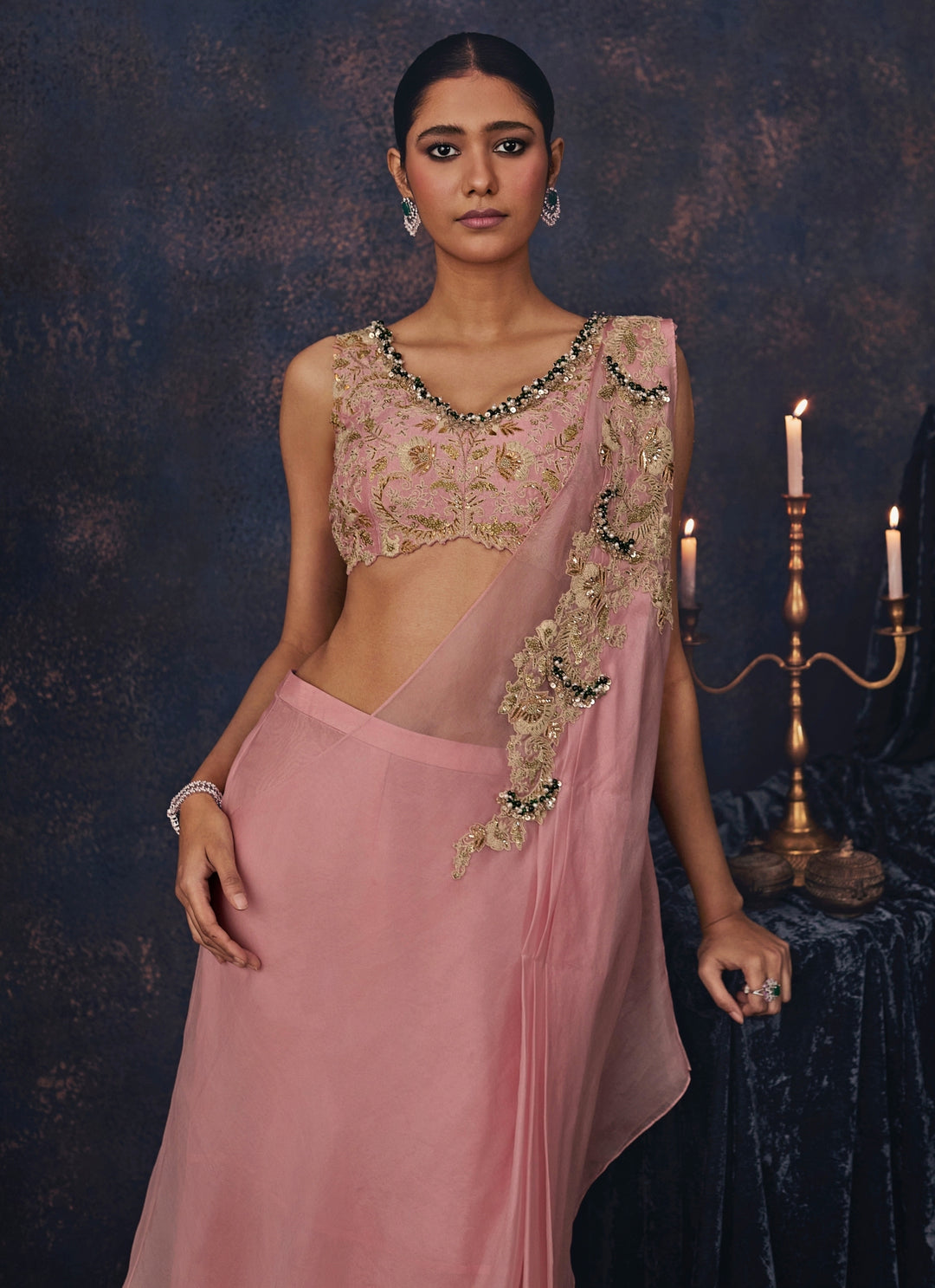 Pastel Pink Organza Pre-Draped Concept Saree