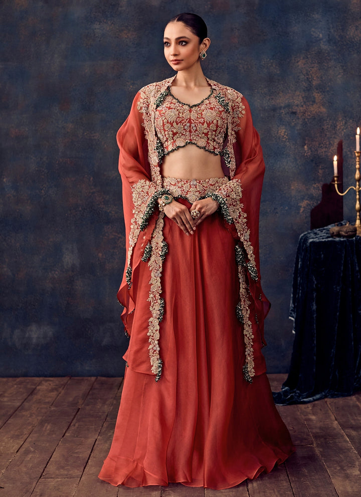 Orange Organza Lehenga Set With Cape