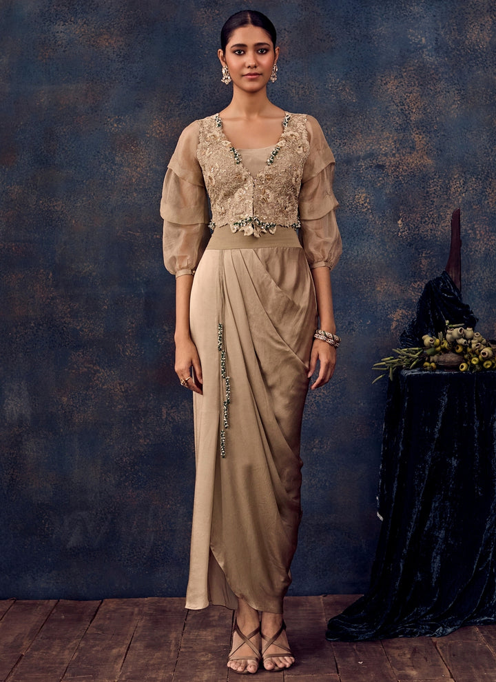 Beige Satin Drape Skirt Set With Jacket