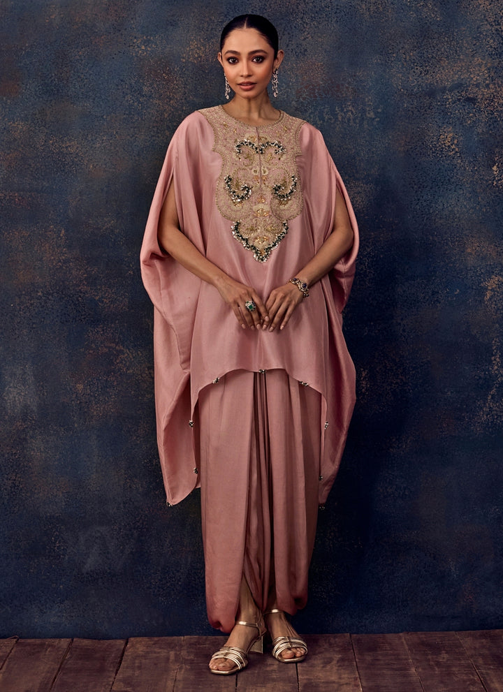 Pastel Pink Silk High-Low Kaftan With Dhoti Pants