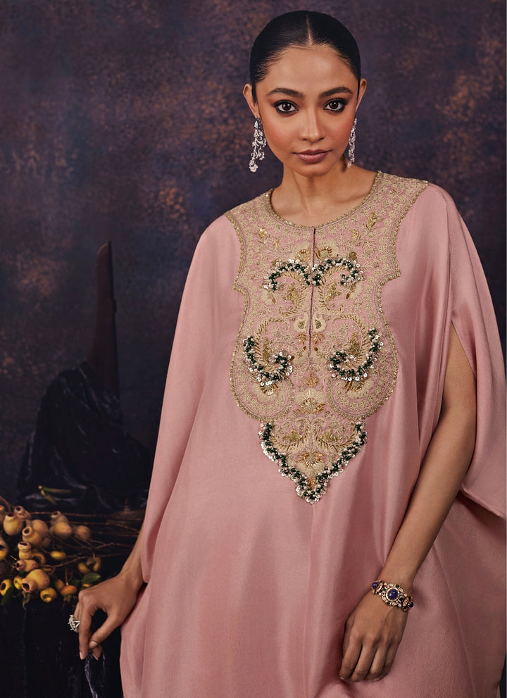 Pastel Pink Silk High-Low Kaftan With Dhoti Pants