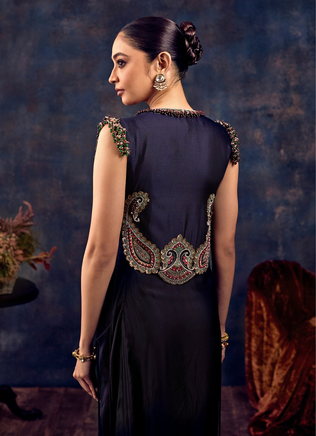 Blue Satin Drape Skirt Set With Embroidered Jacket