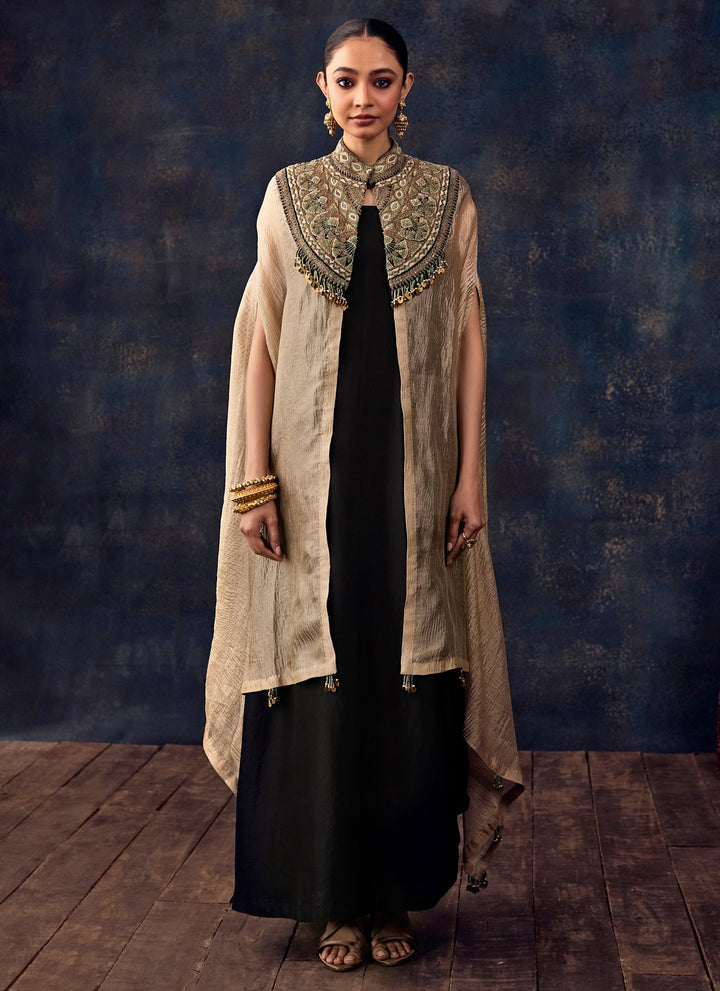 Black Silk Long Dress With Beige Jacket