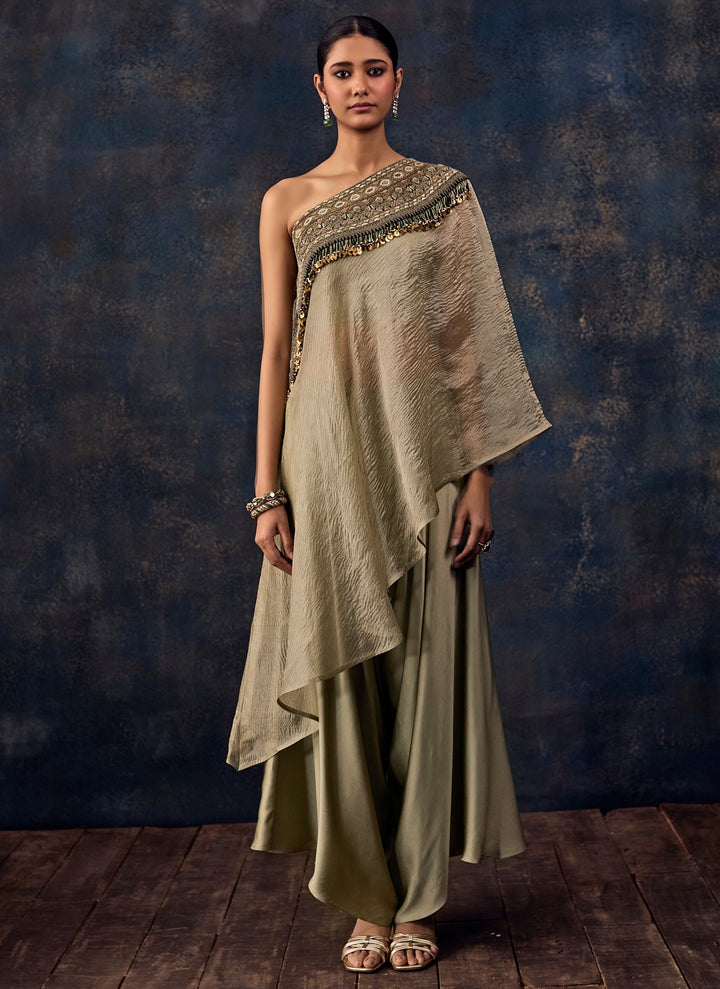 Sage Green Tissue One Shoulder Dress With Pants
