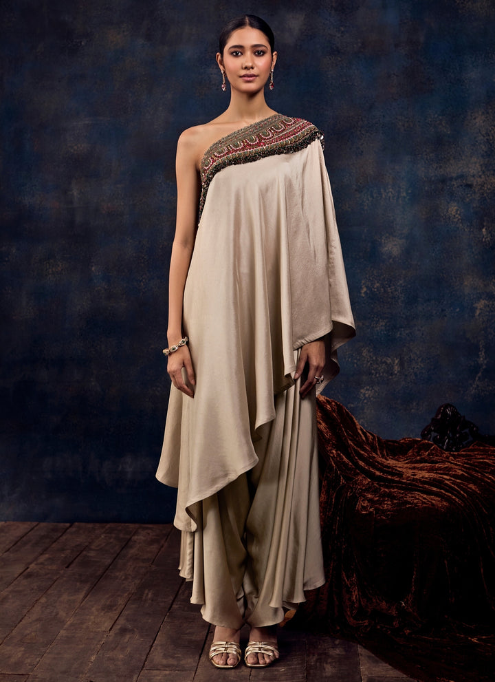Champagne Silk One Shoulder Dress With Pants