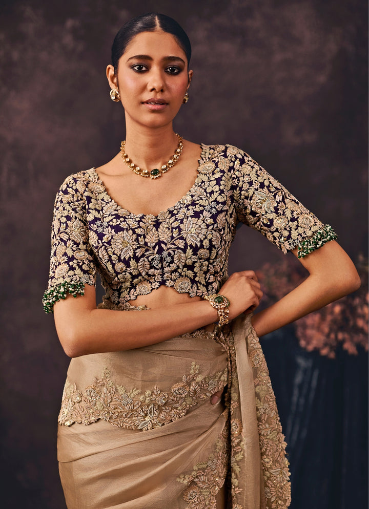 Beige Embroidered Tissue Saree