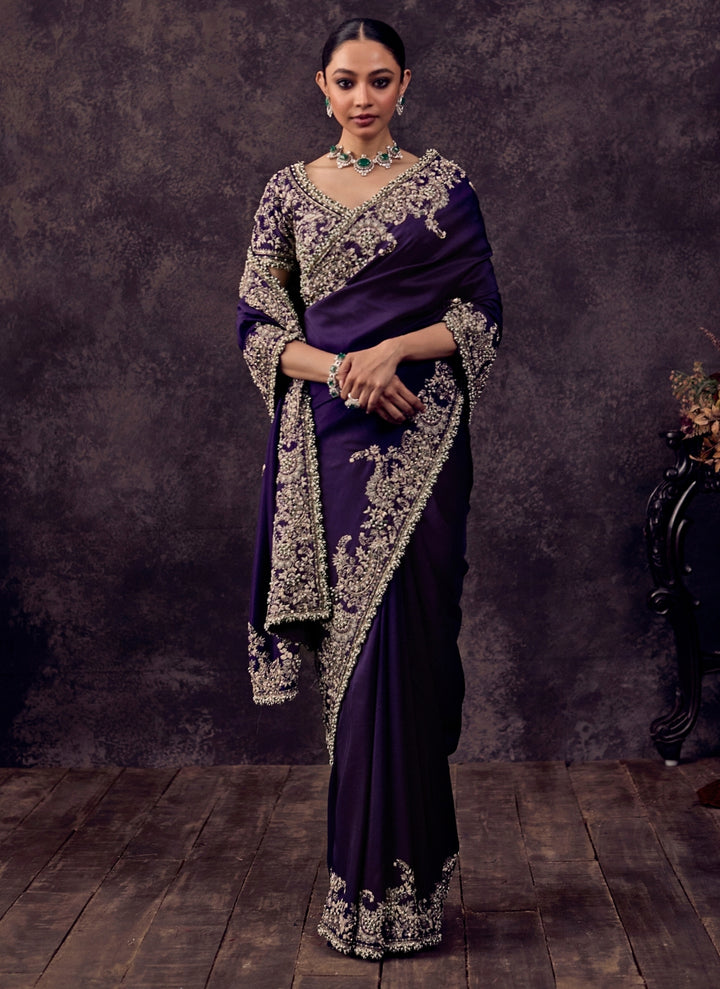 Purple Embroidered Silk Saree