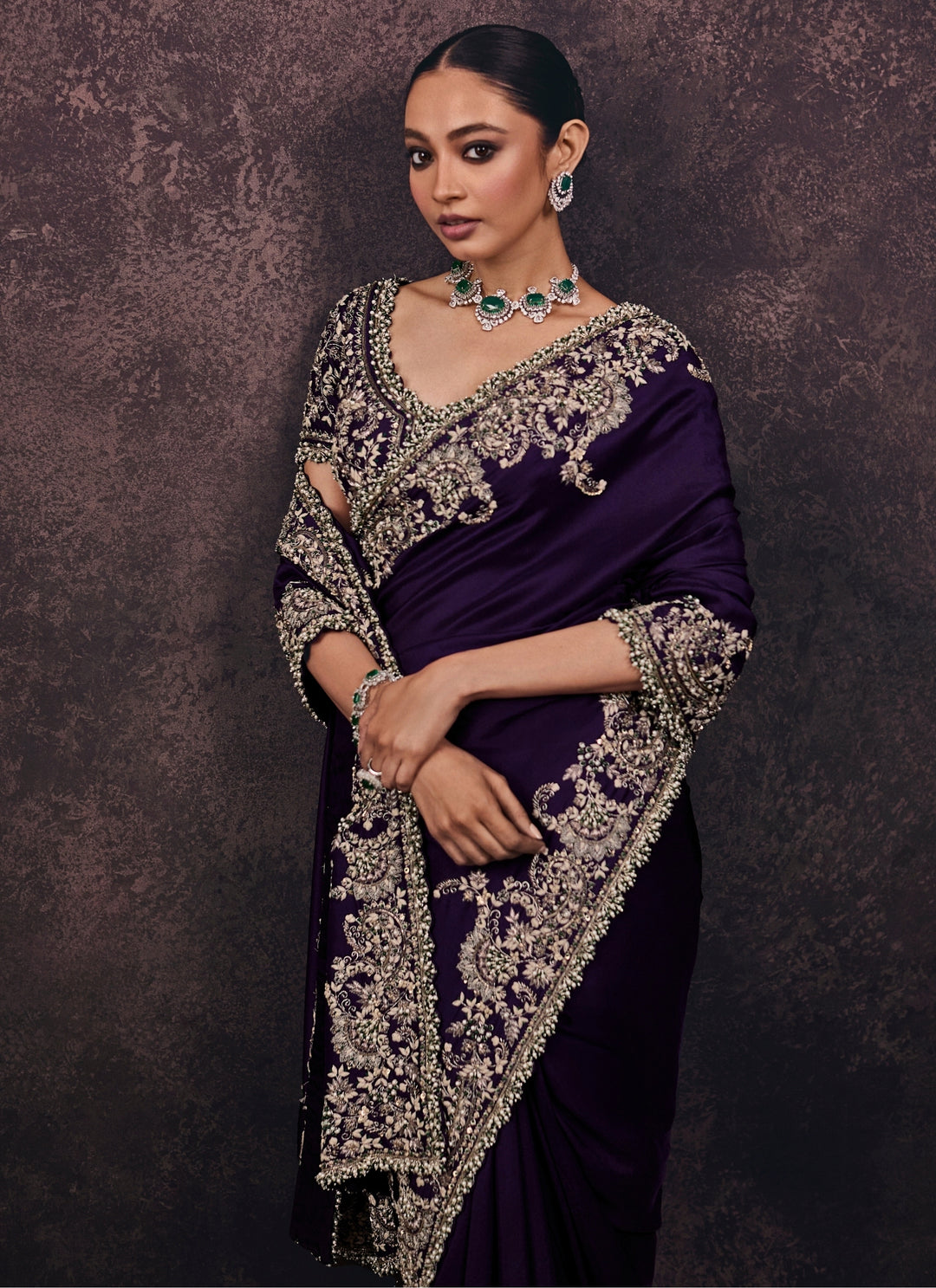 Purple Embroidered Silk Saree