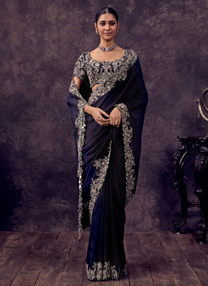 Deep Purple Embroidered Silk Saree