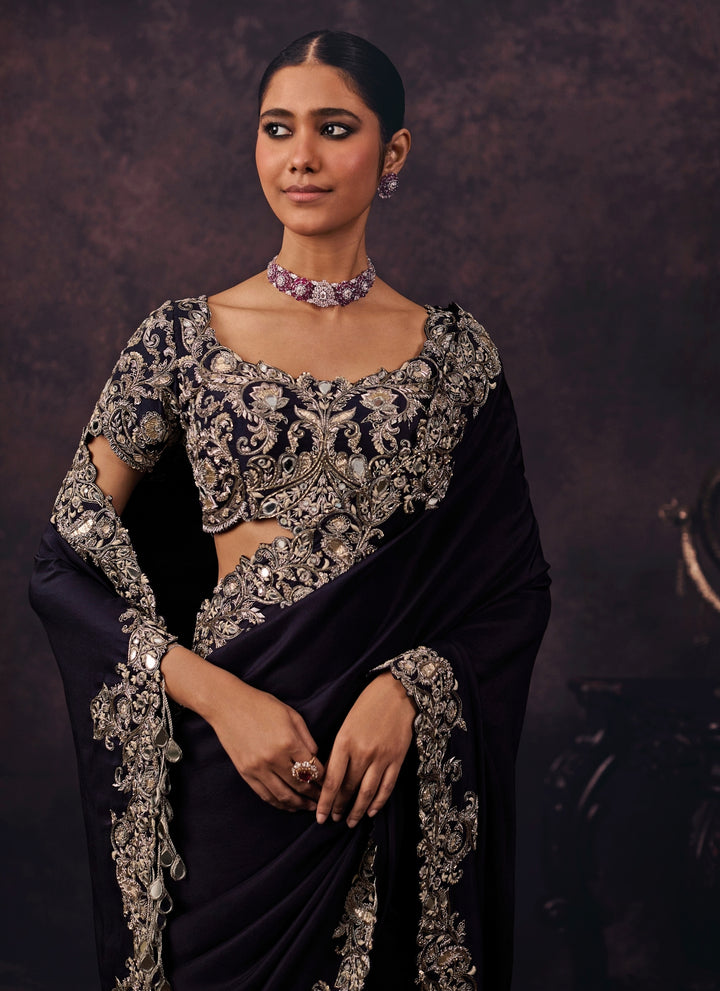 Deep Purple Embroidered Silk Saree