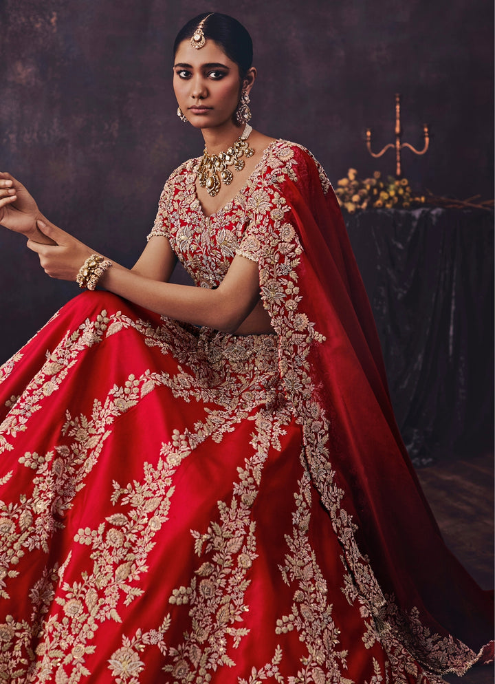 Red Silk Embroidered Bridal Lehenga Set