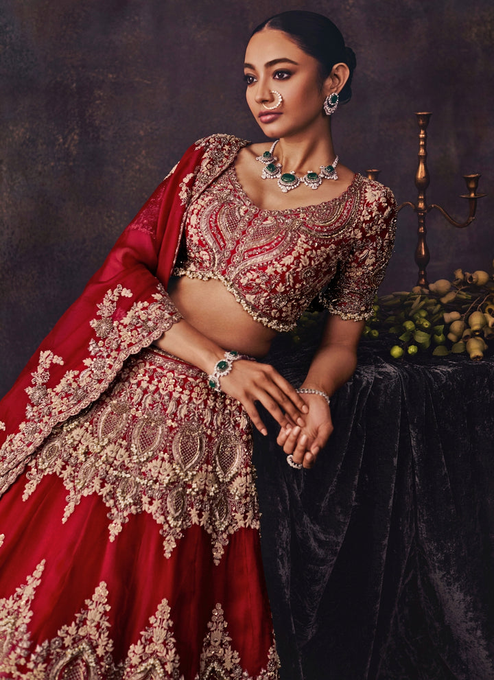 Red Embroidered Organza Bridal Lehenga Set