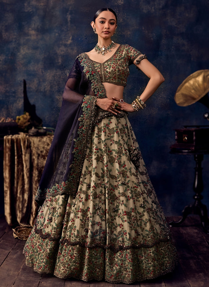 Sage Green And Blue Embroidered Tissue Lehenga Set