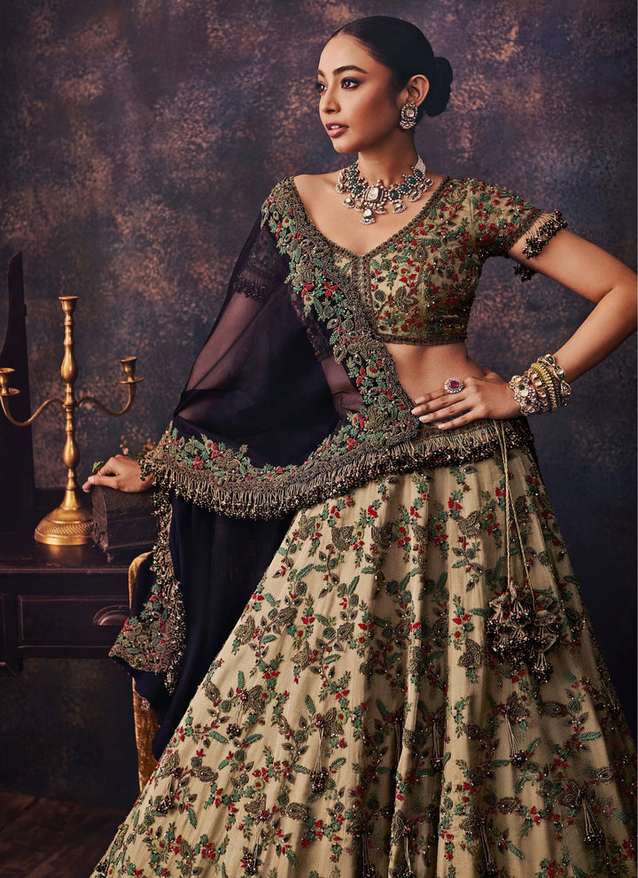 Sage Green And Blue Embroidered Tissue Lehenga Set