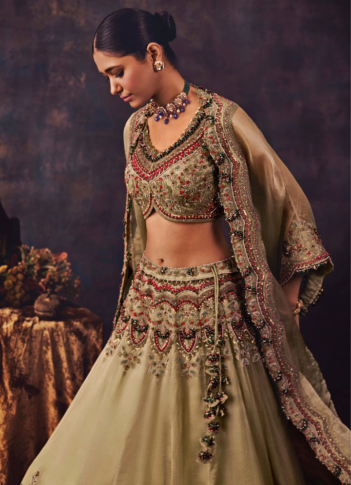 Beige Embroidered Tissue Lehenga Set With Cape