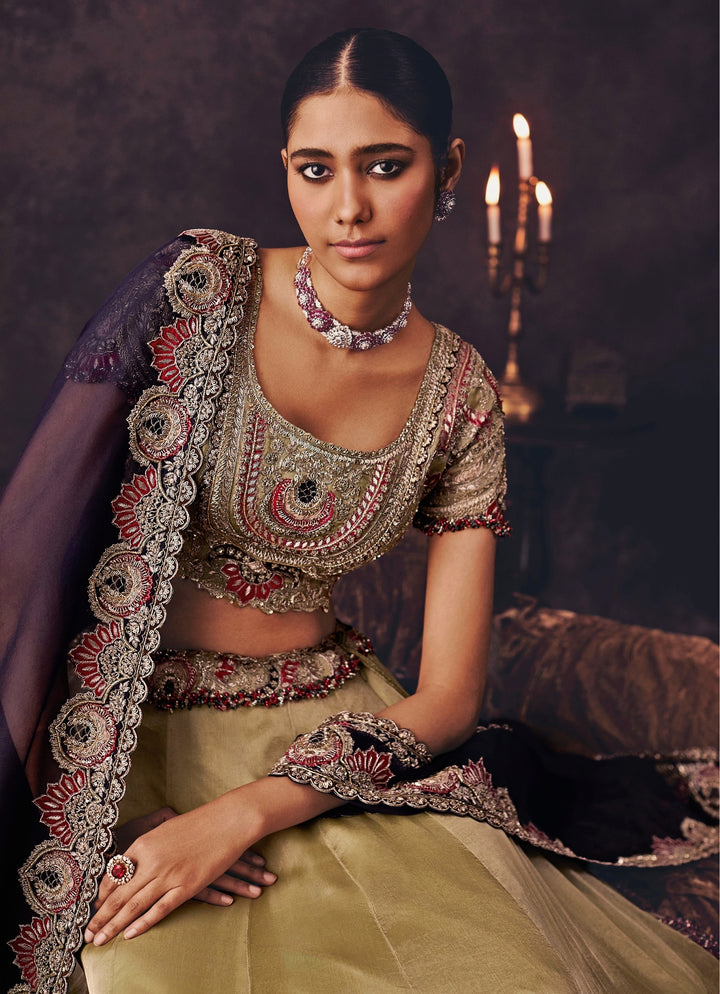 Sage Green And Blue Tissue Lehenga Set