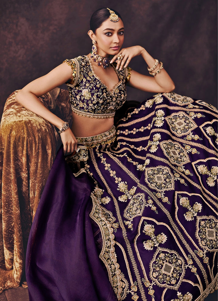 Purple Silk Embroidered Lehenga Set