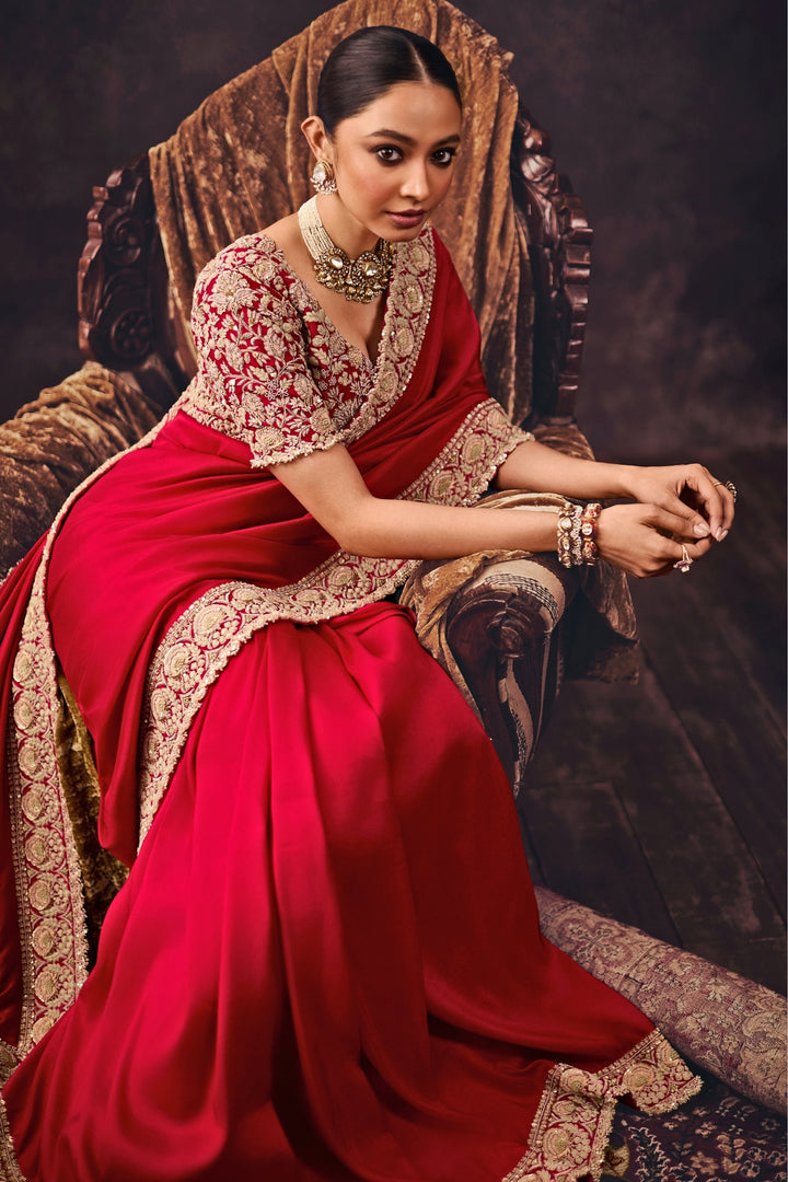 Red Embroidered Silk Saree